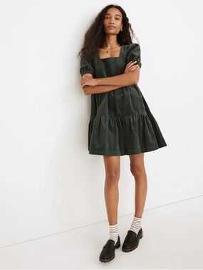 Madewell Corduroy Aidy Square-Neck Tiered Mini Dress in Forest
